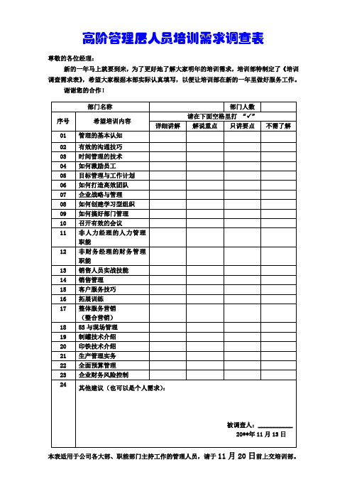 高阶管理层人员培训需求调查表