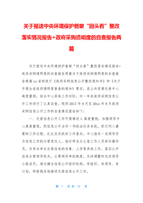 关于报送中央环境保护督察“回头看”整改落实情况报告+政府采购透明度的自查报告两篇