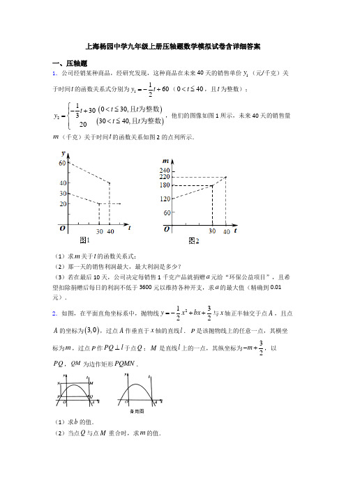 上海杨园中学九年级上册压轴题数学模拟试卷含详细答案