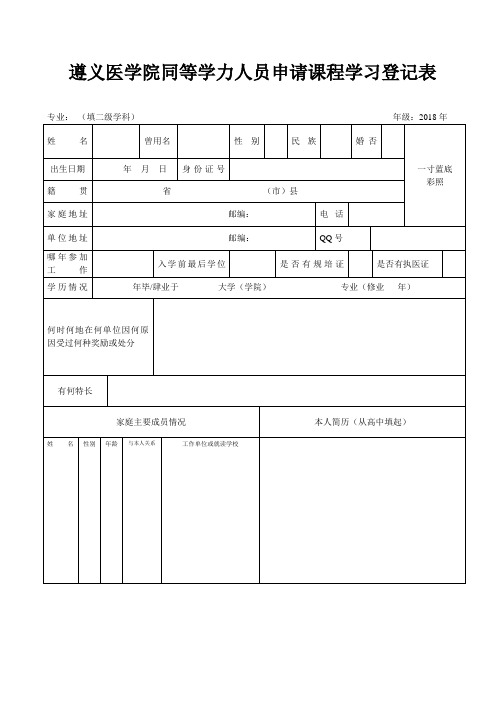 遵义医学院同等学力人员申请课程学习登记表