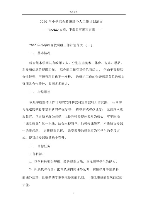 2020年小学综合教研组个人工作计划范文