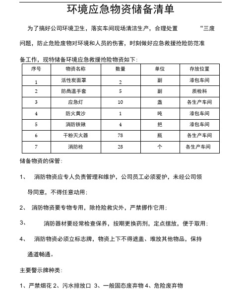 环境应急物资储备清单