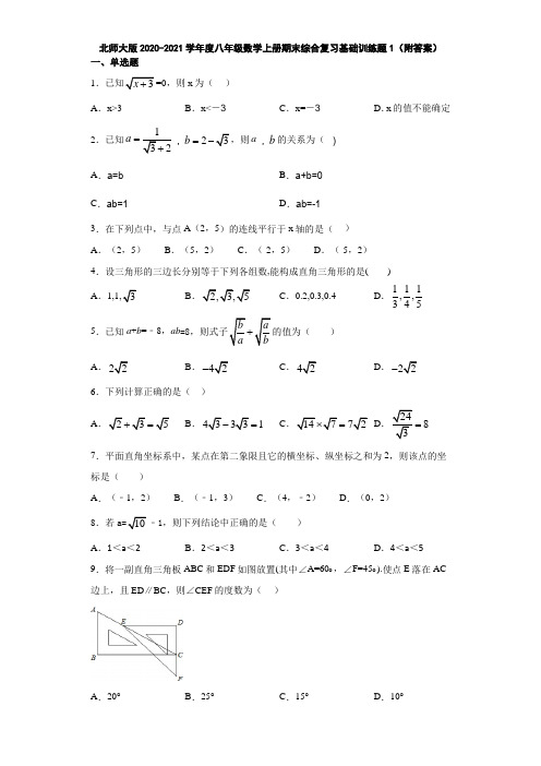 北师大版2020-2021学年度八年级数学上册期末综合复习基础训练题1(附答案)