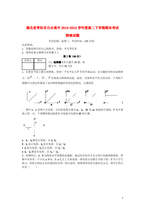 湖北省枣阳市白水高级中学高二物理下学期期末考试试卷(含解析)