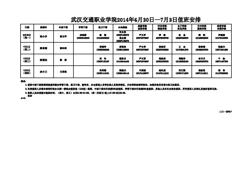 武汉交通职业学院2014年6月30日—2014年7月3日值班安排