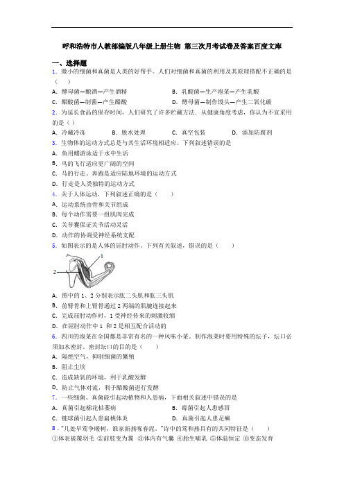 呼和浩特市人教部编版八年级上册生物 第三次月考试卷及答案百度文库