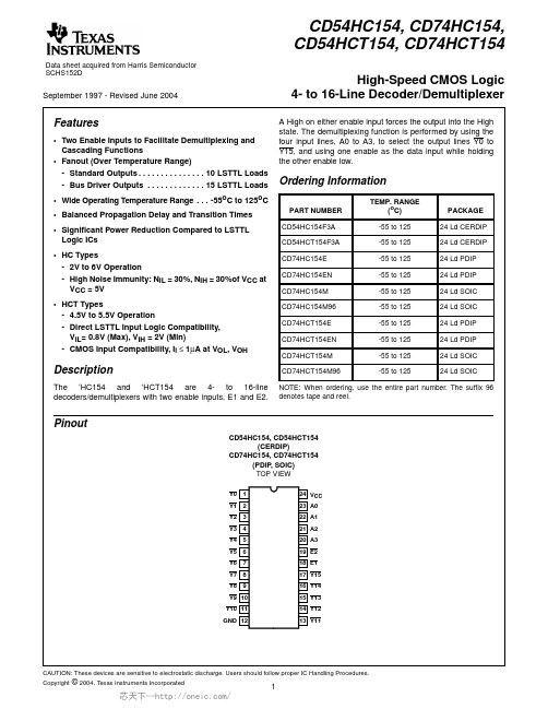 CD74HC154M96E4,CD74HC154M96G4,CD74HC154M96,CD74HC154M96,CD74HC154M96, 规格书,Datasheet 资料