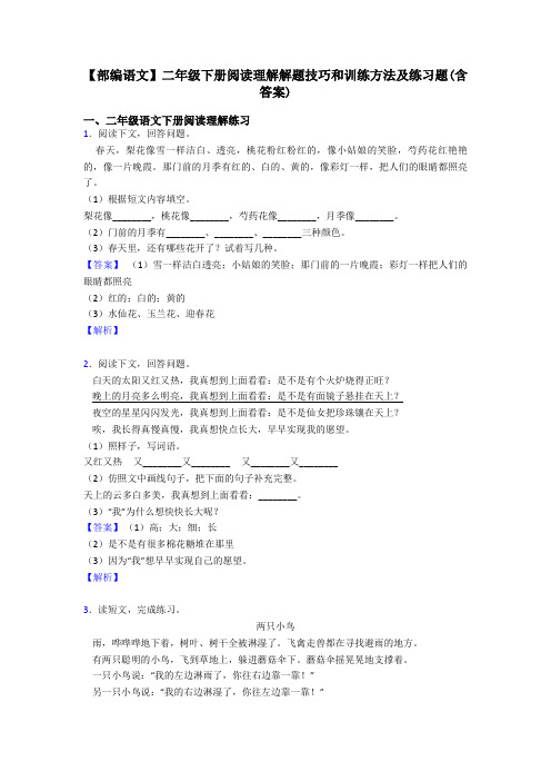 二年级【部编语文】二年级下册阅读理解解题技巧和训练方法及练习题(含答案)