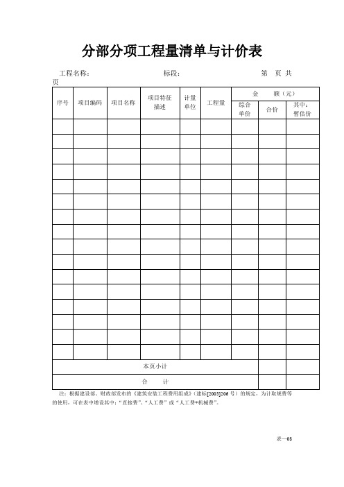 分部分项工程量清单与计价表