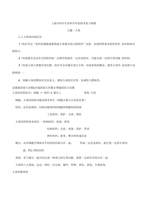 2018上海初中生命科学考试学业考试复习纲要