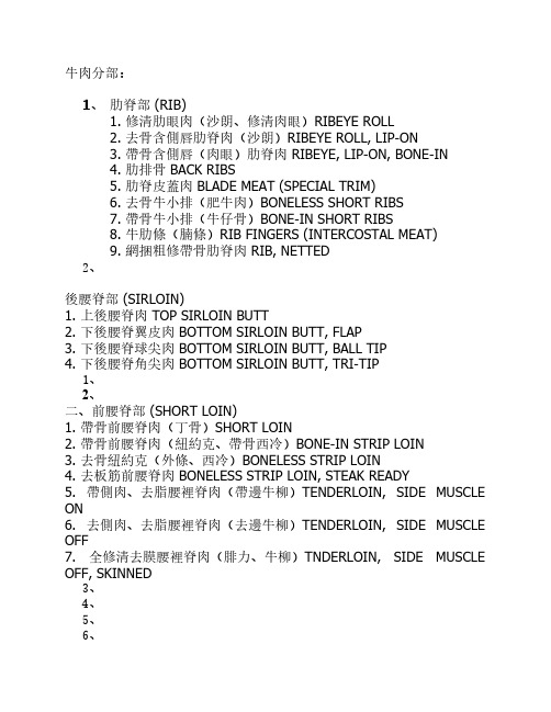 牛肉部分各式食材的中英文对照