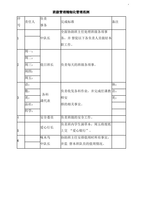 班级管理精细化分工表范例