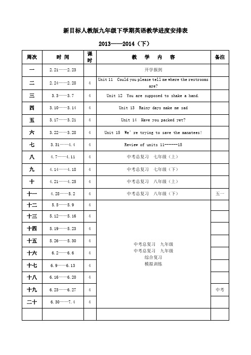 新目标人教版九年级下学期英语教学进度安排表