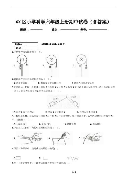 小学科学六年级上册期中试卷(含答案)