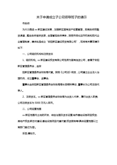 关于申请成立子公司领导班子的请示