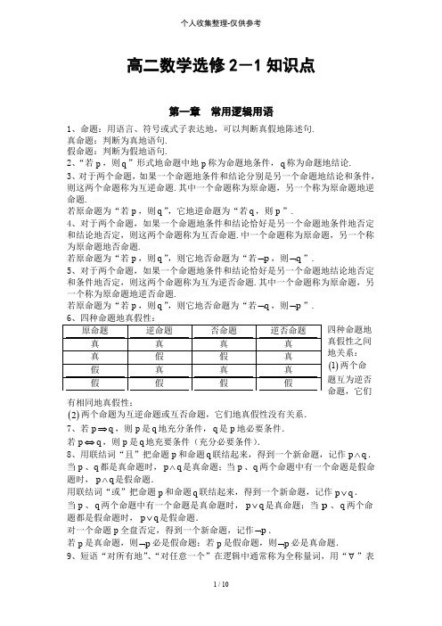 人教A版普通高中数学选修21知识点总结