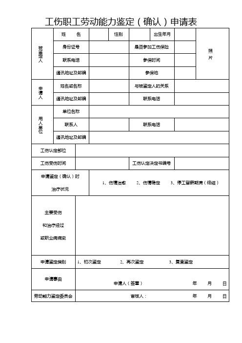 工伤职工劳动能力鉴定确认申请表