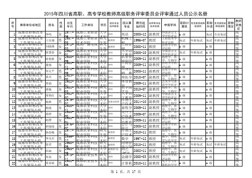 2015年四川省高职、高专学校教师高级职务评审委员会评审通过人员公示名册