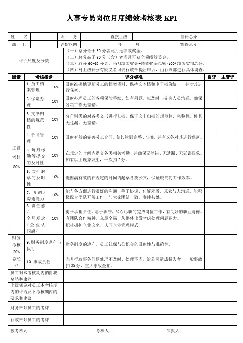 人事专员岗位月度绩效考核表KPI