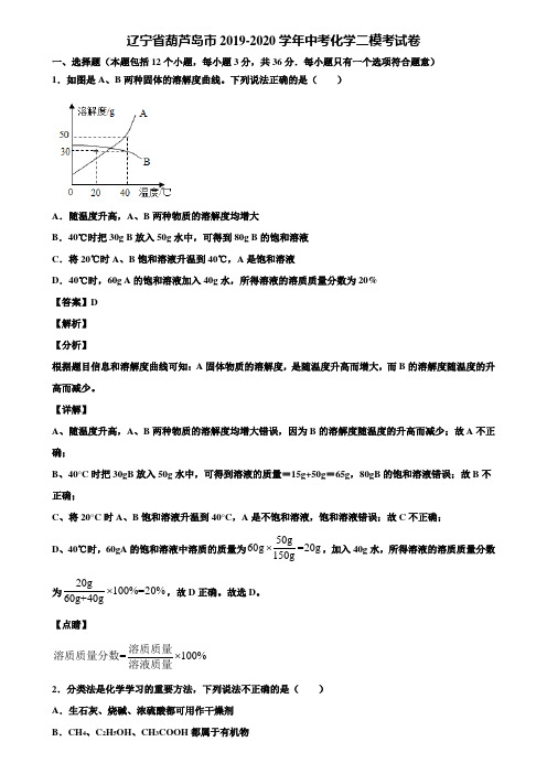 辽宁省葫芦岛市2019-2020学年中考化学二模考试卷含解析