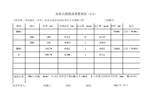 水准点测量成果表