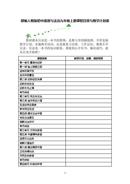 部编人教版初中道德与法治九年级上册课程目录与教学计划表