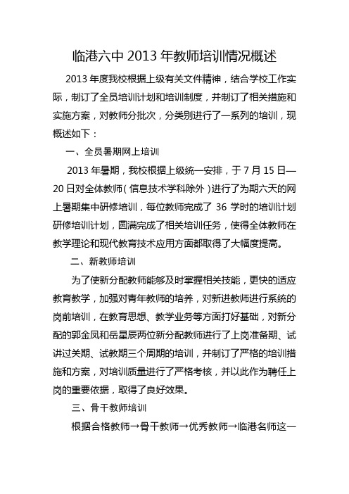 临港六中2013年教师培训情况概述