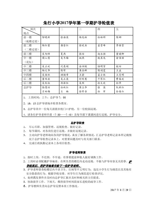 朱行小学2017学年第一·学期护导轮值表
