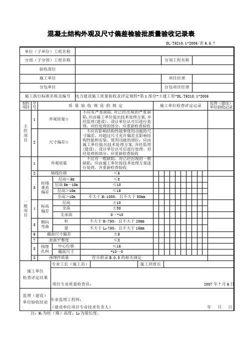 混凝土结构外观及尺寸偏差检验批质量验收记录表