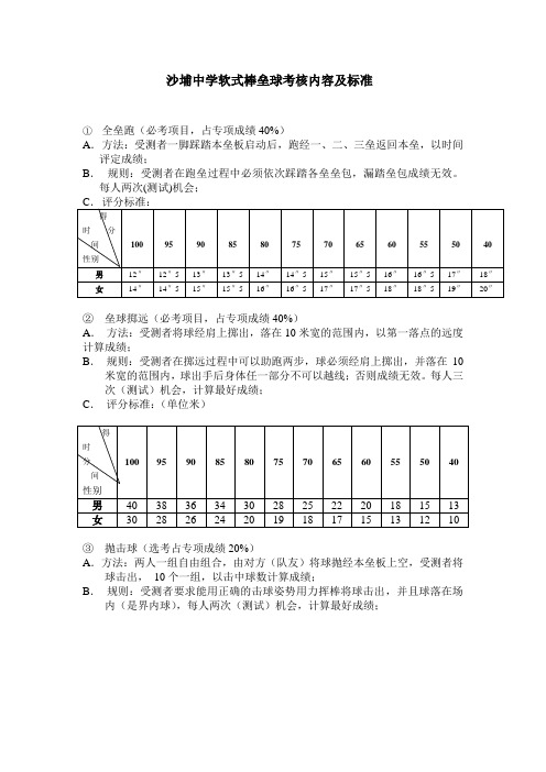 垒球考核内容及标准：