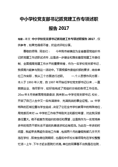 中小学校党支部书记抓党建工作专项述职报告2017
