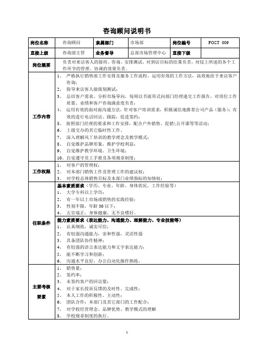 培训学校机构咨询顾问岗位说明书