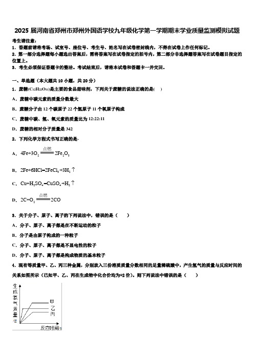 2025届河南省郑州市郑州外国语学校九年级化学第一学期期末学业质量监测模拟试题含解析