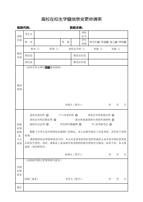 师范大学网络教育学院学生基础信息修改申请表