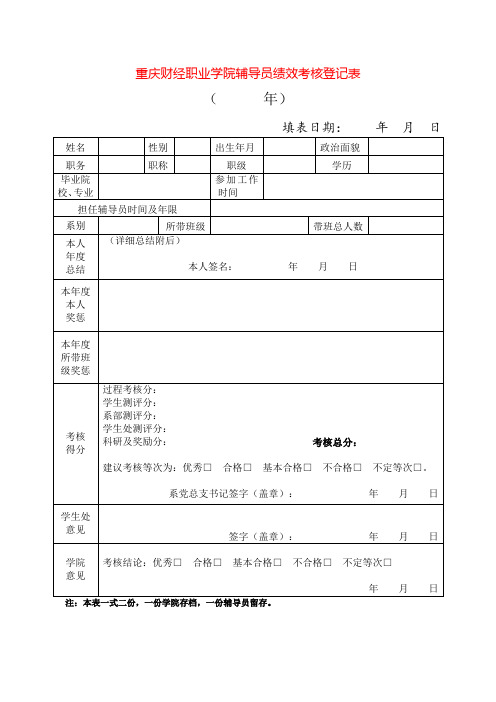 重庆财经职业学院辅导员绩效考核登记表