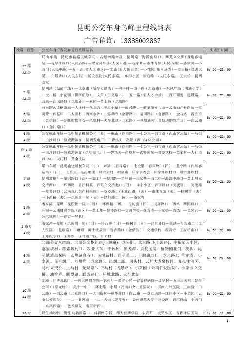 昆明公交车身广告里程线路表