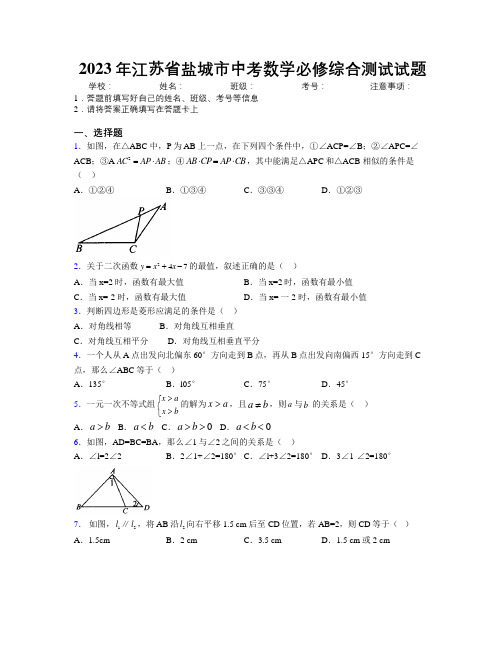 2023年江苏省盐城市中考数学必修综合测试试题附解析