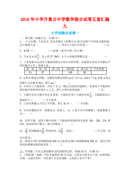 小学升重点中学数学提分试卷五套汇编九