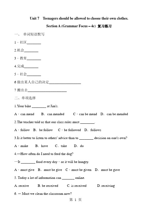 人教新目标英语九年级全册 Unit 7 Section A (Grammar Focus-4c) 复习练习及答案