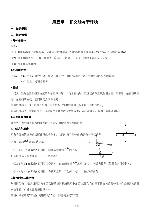 人教版七年级数学下册—复习第5章相交线与平行线单元总结巩固复习