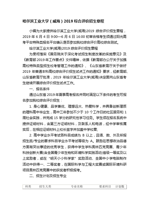 哈尔滨工业大学（威海）2019综合评价招生章程