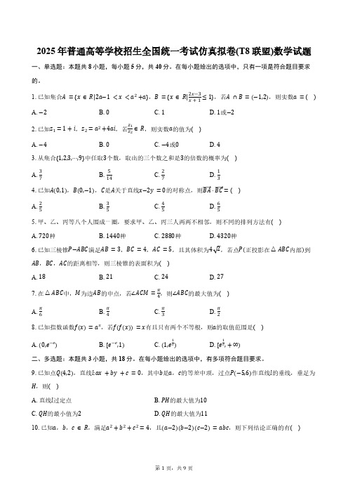 2025年普通高等学校招生全国统一考试仿真拟卷(T8联盟)数学试题(含答案)