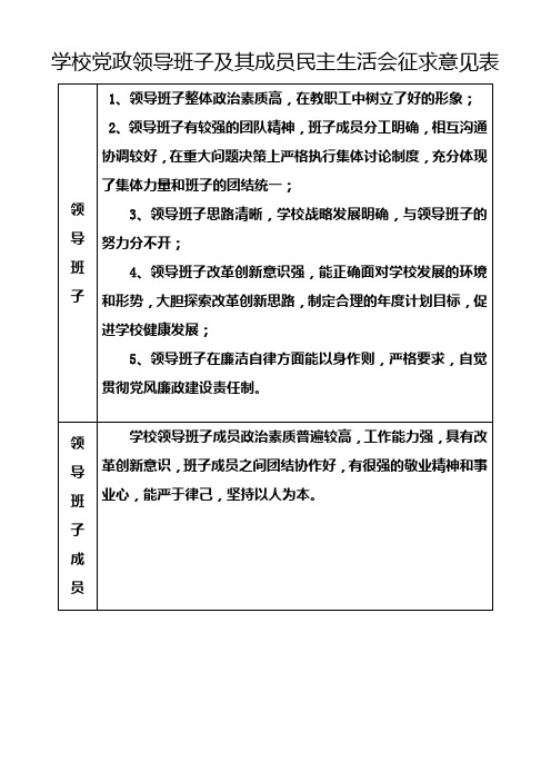 学校领导班子及其成员民主生活会征求意见表