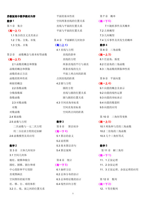 苏教版高中数学教材目录(附教学进度)