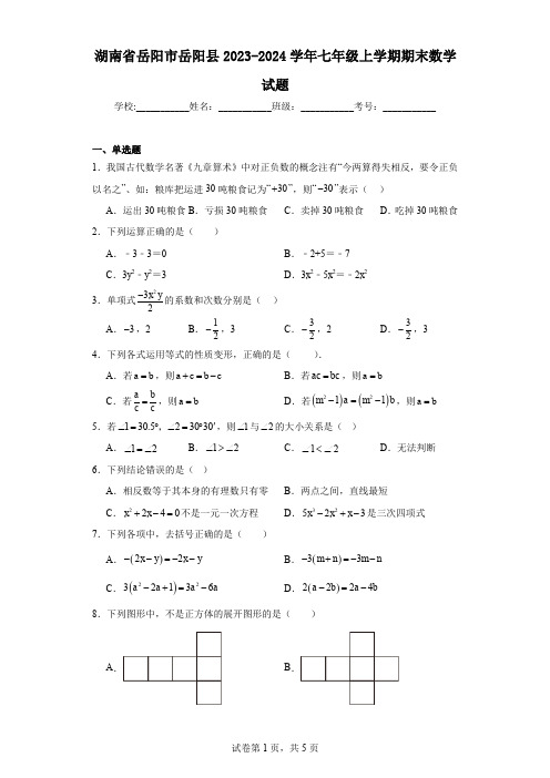 湖南省岳阳市岳阳县2023-2024学年七年级上学期期末数学试题