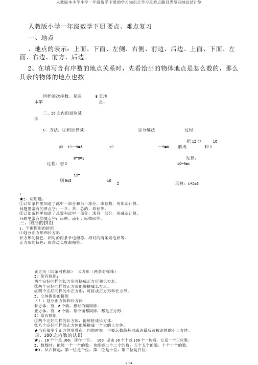 人教版本小学小学一年级数学下册的学习知识点学习重难点题目类型归纳总结计划