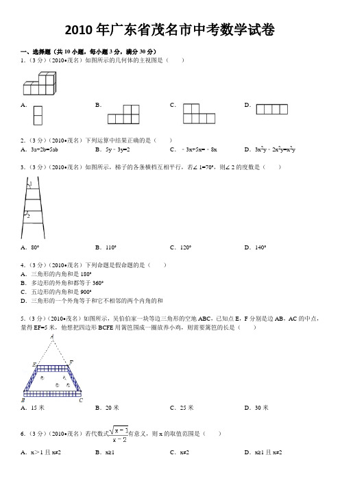 2010年广东省茂名市中考数学试卷