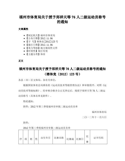 福州市体育局关于授予郑祥天等76人二级运动员称号的通知