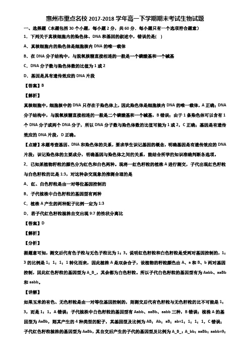 惠州市重点名校2017-2018学年高一下学期期末考试生物试题含解析