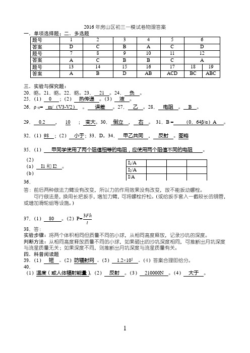 北京市房山区2016年初三物理一模试题答案